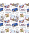 a repeating pattern of Christmas-themed images, including snowflakes, trees, and landmarks such as the Eiffel Tower. The text "MERRY CHRISTMAS NAME HERE" is displayed in the center of each image, indicating that the image is a gift with a personalized name.