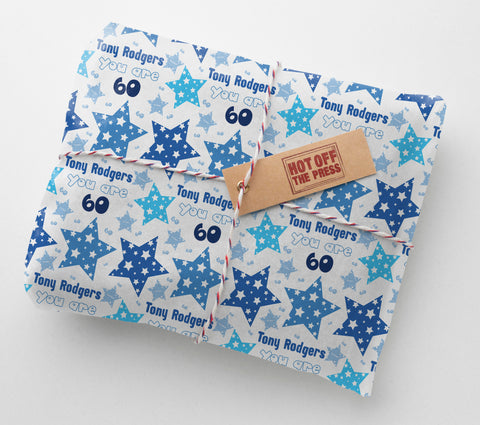 Happy Birthday Blue Stars Personalised Wrapping Paper- Add A Name and Age