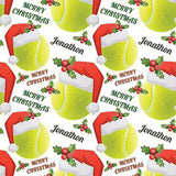 a repeating pattern of tennis balls and Santa hats with the text "Merry Christmas" written on them.