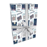 The image is a gift box with a gray ribbon tied around it. The gift box is decorated with a pattern of various city scenes, including buildings, people, and snowflakes. The text "Merry Christmas" is visible on the gift box, suggesting it is a gift for the holiday season.