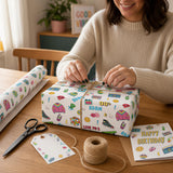 A woman is wrapping a gift with colorful wrapping paper and placing a bow on top. She is sitting at a table with scissors, a card, and a spool of twine.