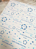 a close-up view of a white surface with a repeating pattern of blue and white floral designs and the names "Peter & Janice" written on it.