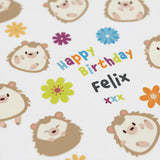 a collection of cartoon hedgehog faces and flowers, with the text "Happy Birthday Felix" displayed prominently in the center.