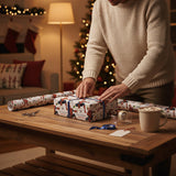 A person is wrapping a gift with Spiderman-themed wrapping paper on a wooden table, with Christmas stockings and a lit Christmas tree in the background.