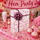 The image is a festive scene for a hen party, featuring a gift box with a bow, cupcakes, a wine glass, and a banner with the text "Hen Party".