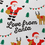 Santa Claus, reindeer, and Christmas trees are depicted in the image, along with the text "Love from Santa".