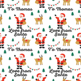 a repeating pattern of Santa Claus and reindeer, along with the text "Love from Santa" and "To: Thomas" written on them.