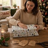 A woman in a beige sweater is wrapping a gift with a patterned paper, surrounded by holiday decorations and a Christmas tree.