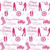 a repeating pattern of pink silhouettes of people and objects, along with the text "Happy Birthday Nadia" written in pink.