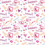 a repeating pattern of various elements, including the words "Donna's", "HEN Do!", and "L". These elements are arranged in a visually appealing manner, creating a cohesive design.
