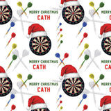 a repeating pattern of dartboards, Santa hats, and dart arrows, with the text "Merry Christmas Cath" written above each dartboard.