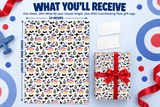 a sheet of wrapping paper with a pattern of bats and a red ribbon, along with a gift box and some blank gift tags.