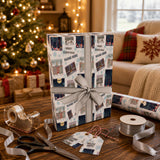 a Christmas-themed gift wrapped in a blue and white patterned paper with a gray ribbon, placed on a wooden table. There are also some wrapping paper, scissors, and other holiday decorations in the background, creating a festive atmosphere.