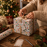 A person is wrapping a gift with a patterned paper and tying a bow on it, surrounded by holiday decorations and a Christmas tree.