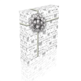A white gift box with a silver bow, featuring the names of people on the front.