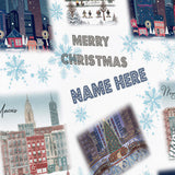 a collage of various Christmas-themed illustrations, including snowflakes, buildings, and people. The text "MERRY CHRISTMAS NAME HERE" is prominently displayed, suggesting that the image is a personalized or customized Christmas card featuring a name.