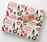The image is a gift wrapped in a Christmas-themed paper with various holiday symbols and text.