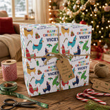 A festive Christmas scene with a wrapped gift box featuring a pattern of colorful llamas, a Christmas tree, and various holiday decorations.