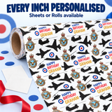 a roll of paper with a repeating pattern of birthday wishes and military-themed graphics, including aircraft and military insignia.