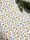 a repeating pattern of cartoon hedgehog faces on a white background, with the text "Happy Birthday Caroline" written around the faces.
