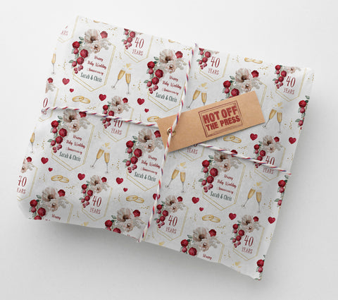 Floral Ruby 40 Year Wedding Anniversary Personalised Wrapping Paper