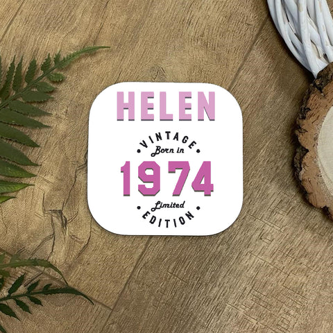 Name & Year Personalised Coaster Pink - Gloss finish