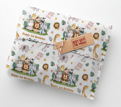 Baby's First Birthday Personalised Safari Animals Wrapping Paper
