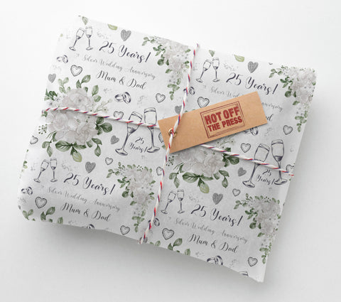 25 Years Floral Silver Wedding Anniversary Personalised Wrapping Paper