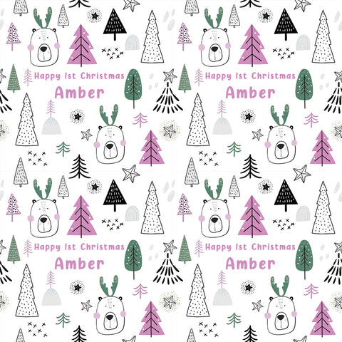 Baby's 1st Christmas Pink Bears and Trees Personalised Wrapping Paper