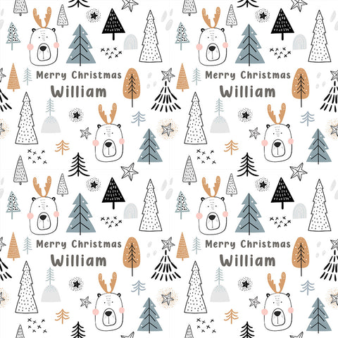 Baby's 1st Christmas Blue & Gold Bears and Trees Personalised Wrapping Paper