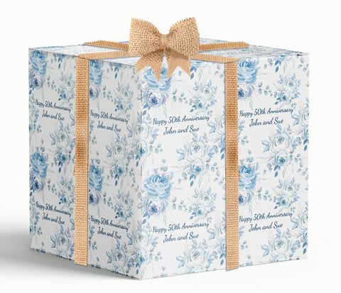 Blue Floral Wedding Anniversary Personalised Wrapping Paper