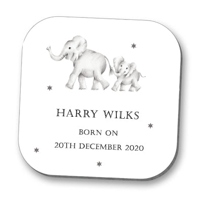 Elephants New Born Baby Personalised Coaster