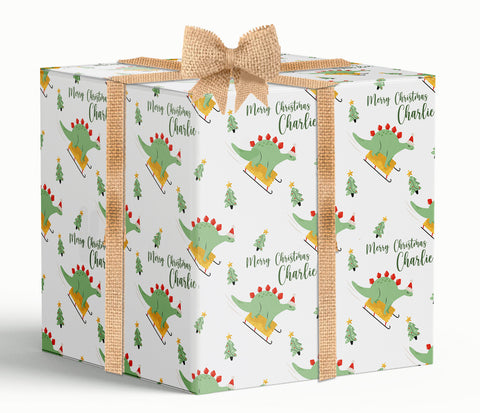 Dinosaurs In Sledges Personalised Christmas Wrapping Paper