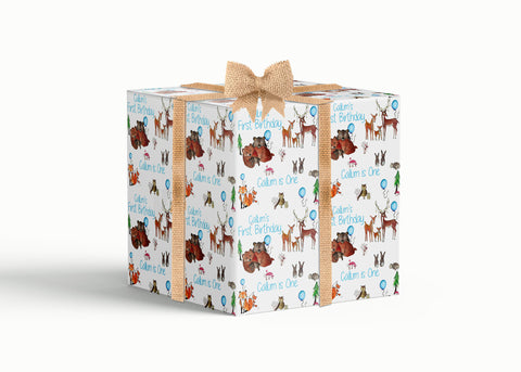 Baby's First Birthday Personalised Blue Wrapping Paper (Animals)