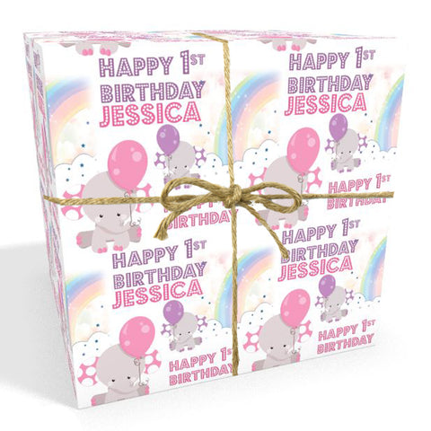 Baby's First Birthday Personalised Pink Elephant Wrapping Paper