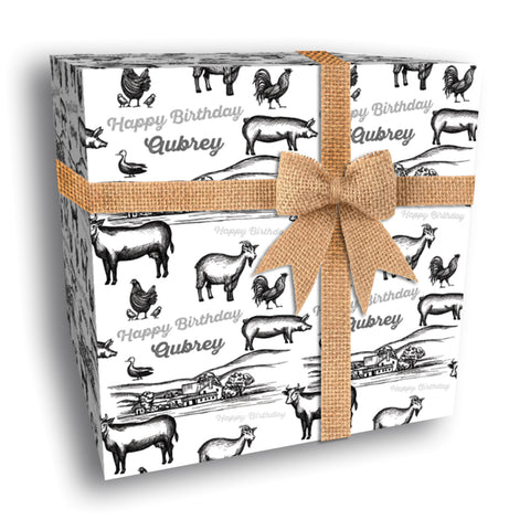 Black and White Old-Fashioned Farm Personalised Birthday Wrapping Paper
