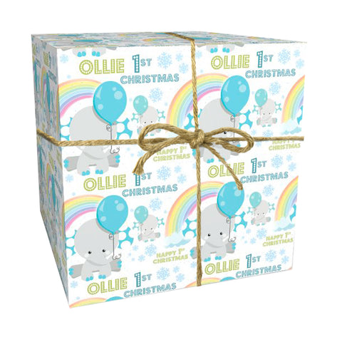 Baby's 1st Christmas Blue Elephant Personalised Wrapping Paper