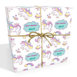 Pink Unicorn Cartoon Personalised Birthday Wrapping Paper